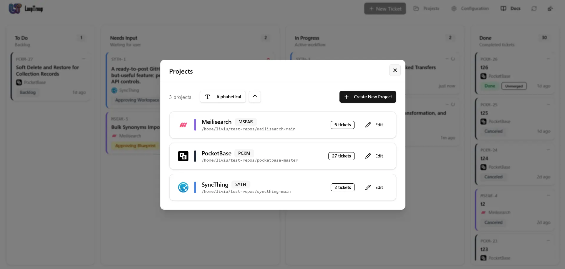 Projects dialog