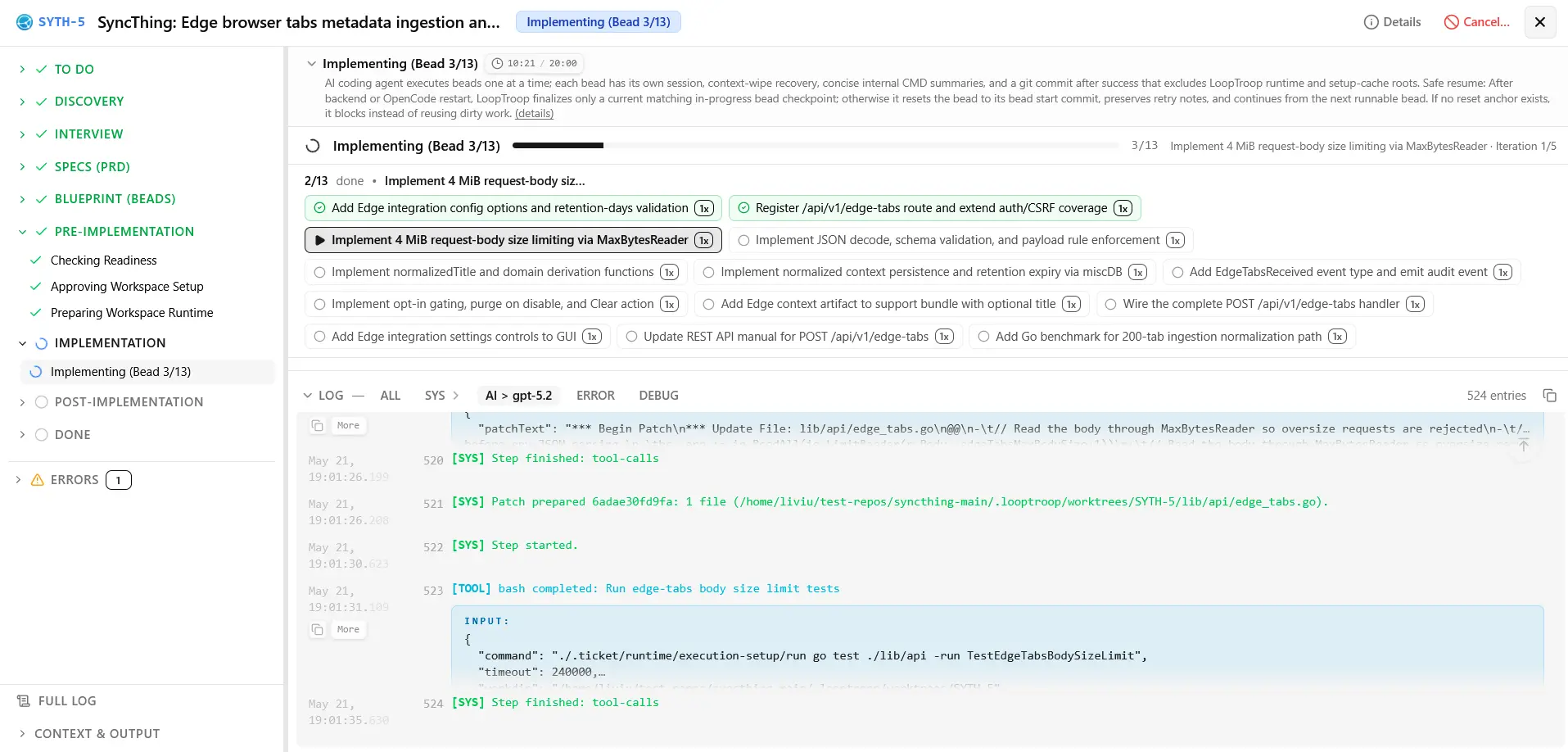 Bead Execution Detail — watch individual bead execution with live code changes and validation