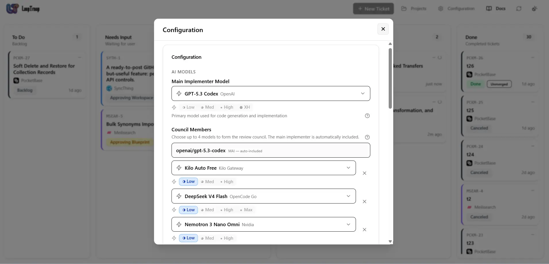 Configuration Workspace — choose implementer models, setup council members, and configure effort levels