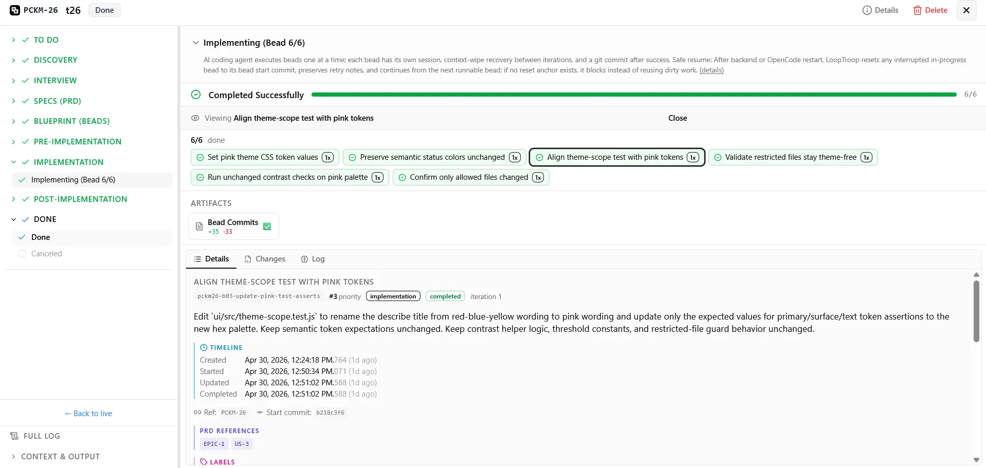 Implementation Review — approve, adjust, or regenerate bead changes before committing