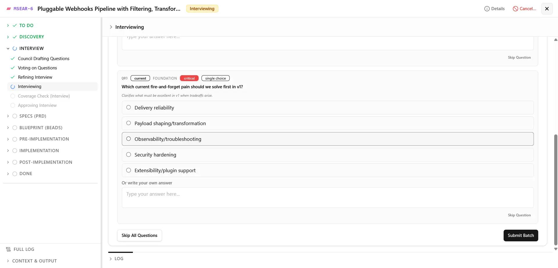 Interview Stage — answer focused planning questions before spec and implementation generation